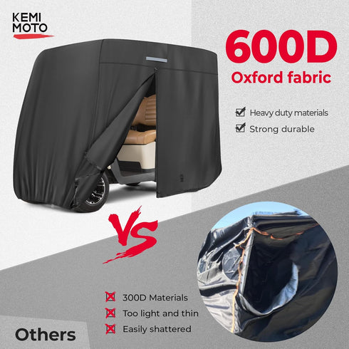 KEMIMOTO 600D Golf Cart Cover, Waterproof Dustproof Heavy Duty for 2/4 Passengers, Black with Storage Bag