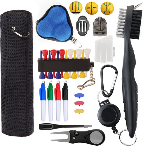 Golf Essentials Kit, 29 in 1 Cleaning Kit with Towel, Brush, Golf Balls, Stencils, Tee, and Repair Tool