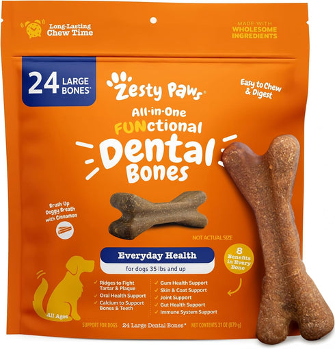 Zesty Paws Dental Bones for Large Dogs, 24 ct - Fights Tartar & Plaque, Supports Gum, Teeth, Bone Health