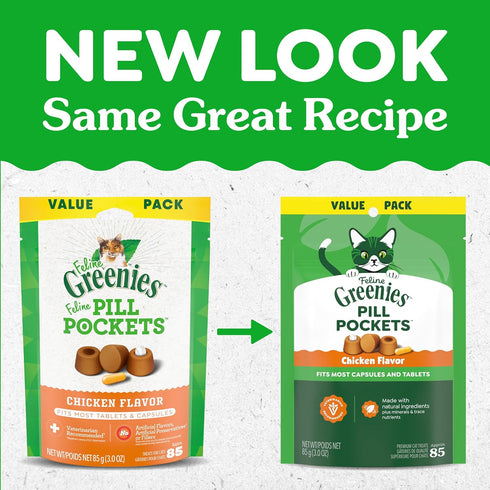 3 oz. (85 Greenies Feline Pill Pockets for Cats Natural Soft Cat Treats, Chicken Flavor, Pouch Treats)