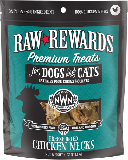 Northwest Naturals Raw Rewards Freeze-Dried Chicken Neck Treats for Dogs and Cats, 4 Oz, Healthy, Human Grade