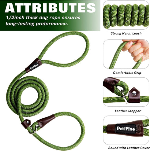 PetiFine Slip Lead Dog Leash,6FT x 1/2" Reflective Durable Dog Training Leash, Heavy Duty Adjustable Nylon Dog Rope Leash Slip Leash for Small Medium Large Dogs (Green)