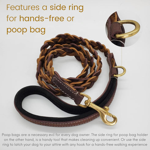 Blazing Paws Vibrania Super Soft Braided Leather Dog Leash, Heavy Duty with Side Ring, 6 Ft L x 3/4" W, Brown Mix