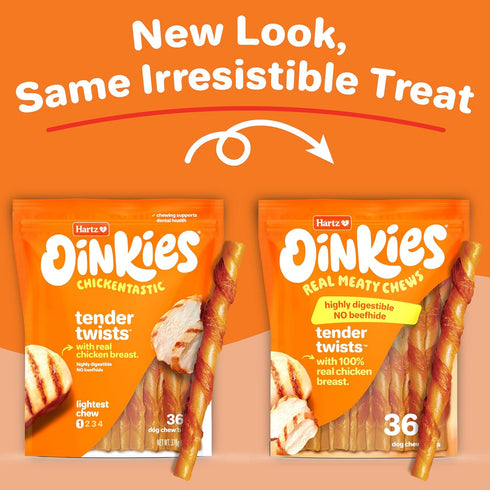 36 Count Hartz Oinkies Tender Twists with Real Chicken Breast Rawhide-Free Dog Treats, Highly Digestible Dog Chews