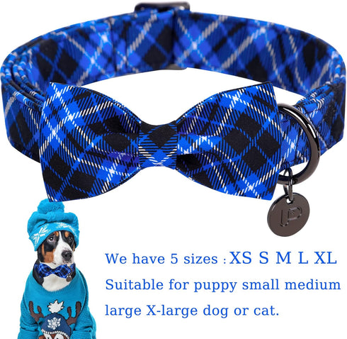 Dog Collar with Bow Tie, Cotton Dog Bowtie Collar for X-Large Girl Boy Dog, Holiday Blue Dog Collar with Durable Metal Buckle, Cute Plaid Pet Collar, XL, Neck 16-26in.
