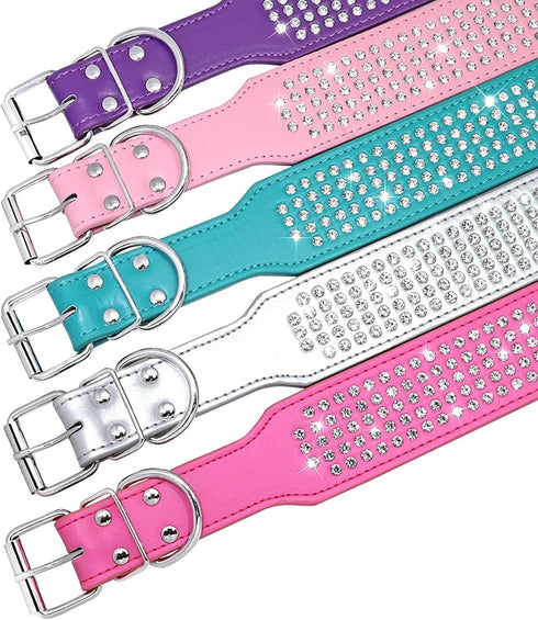 Rhinestones Dog Collars - 2" Wide Sparkly Crystal Studded PU Leather Collar for Medium and Large Dogs, 5 Rows