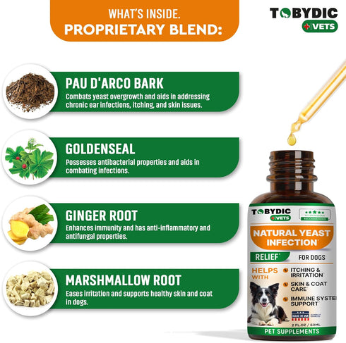 Natural Dog Yeast Infection Relief - Herbal Medicine Drops Supplement for Itchy Skin & Ear Treatment - Made in USA