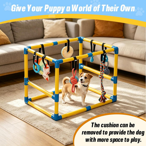 Bullro 8 Hammock Puppy Play Gym with Hanging Toys, Dog Jungle Gym Indoor with and Funny Enrichment Toys, PVC Frame