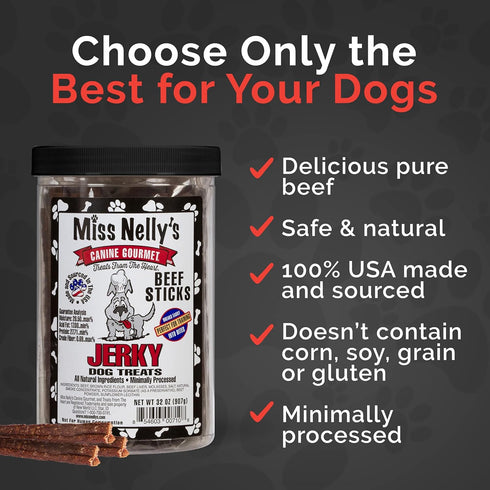 Miss Nelly's All Natural Beef Jerky Dog Treats - Original Smoke House Recipe - Minimally Processed Soft Sticks - Made