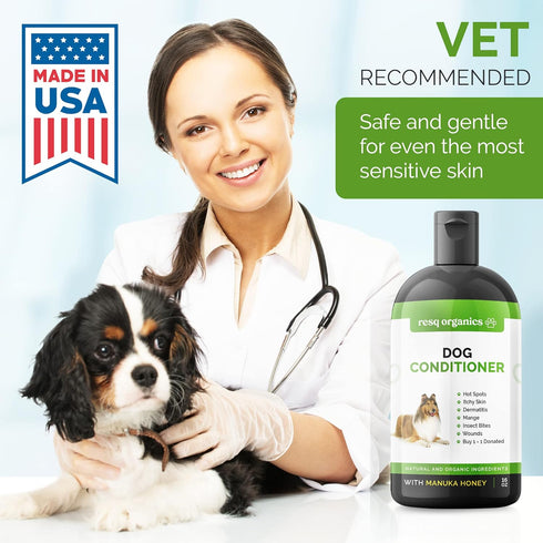 Hypoallergenic Dog Coat Conditioner- Detangles & Softens Fur, Calms Itching & Dryness, Organic Aloe Vera & Manuka Honey