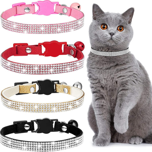 Weewooday 4 Pieces Rhinestones Cat Collars, Breakaway Cat Collar with Bell, Soft Velvet, 4 Colors (XS, Gold, Red, Pink,