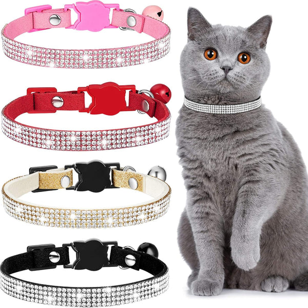Weewooday 4 Pieces Rhinestones Cat Collars, Breakaway Cat Collar with Bell, Soft Velvet, 4 Colors (XS, Gold, Red, Pink,