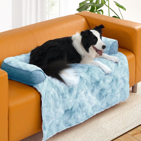 Dog Couch Bed for Large Dogs, XL Tie-dye Blue Faux Fur Waterproof Bed, Calming Washable Memory Foam, 45x37 Inches