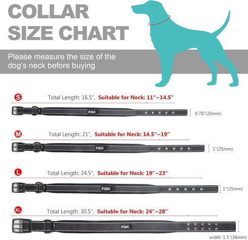 Fida Heavy Duty Dog Collar, Ultra Comfortable Soft Neoprene Padded, Adjustable Reflective Nylon Collar for Medium
