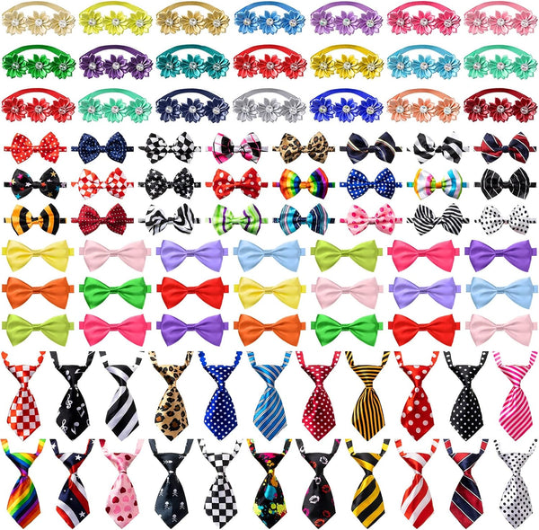 100 Pcs Adjustable Dog Ties Set with 50 Bow Ties, 25 Neckties, 25 Flower Ties for Medium Large Dog Grooming
