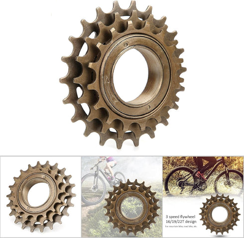 Single Speed Bike Freewheel, Metal 3 Speed Flywheel Bicycle Accessory for Mountain Road Bike (Threaded Type, 16/19/22T)