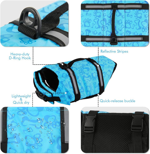 Surblue Dog Life Jacket Flotation Vest, Adjustable Safety Coat for Water Safety at Pool, Beach, Swimming, Medium Blue