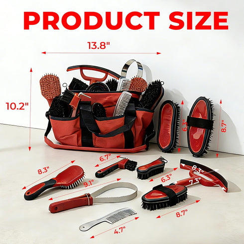 Amouu 9-Piece SteadyRide Pro - Professional Horse Grooming Kit - Stable-Ready Hanging Bag with Ergonomic Pro-Grip