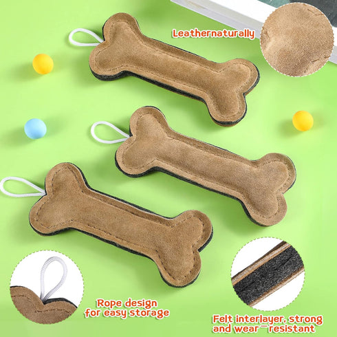 3 Pieces Leather Dog Toy - Bone Tug Toy with Strong Rope Handle for Aggressive Chewers, 6 Inch