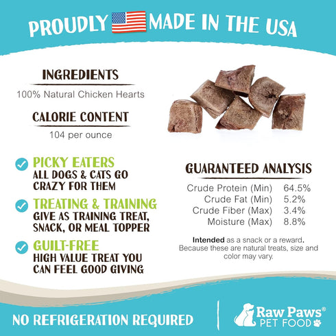 Raw Paws Chicken Hearts Treats, 4 oz - All Natural Freeze Dried Dog Cat Food Topper, High Protein, Grain Free