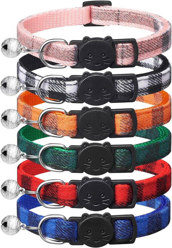 6 Pack Classic Plaid Cat Collars with Bells - Adjustable Breakaway Kitten Collar for Girl & Boy Cats, Pet Gifts &