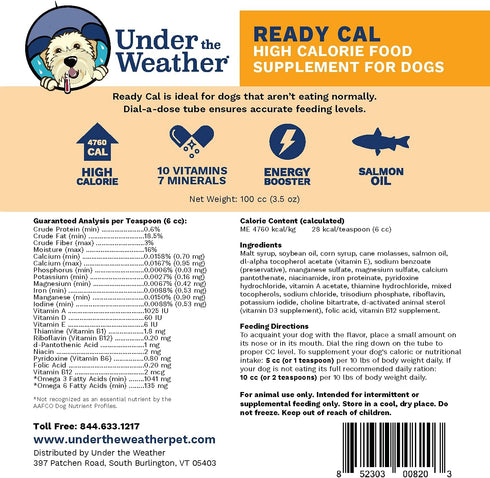 Under the Weather Pet Ready Cal for Dogs, 100cc, High Calorie Supplement, Weight Gainer, 10 Vitamins, 7 Minerals
