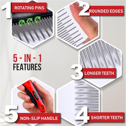 Poodle Comb for Dogs with Rotating Teeth, Smoothest Pet Comb with 5-in-1 Features for Dematting, Dog Essentials