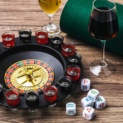 Set 16pcs 2 Hiboom Shot Glass Roulette Game and Drinking Dice - Glasses and Balls for Adults, Family Gathering, Bar