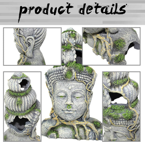 PINVNBY Large Buddha Head Statue Decorations for Fish Tank, Resin Ornament, Betta Hideout Cave for Small Fish and