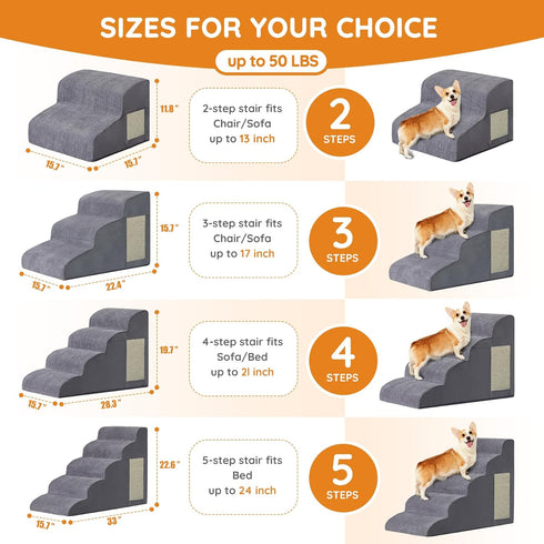 Dog Steps for Bed, 4-Step Ramp for Small Dogs, Non-Slip Bottom Design, High Density Foam Portable Pet Step, Indoor, Grey