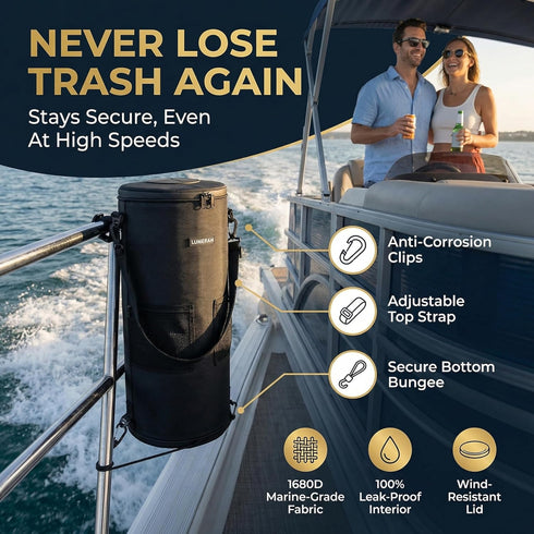LUMERAM 2 100% 10-13 Premium Boat Trash Can with Side Pockets and Bottom Zipper Opening Odor & Leak Resistant Boat
