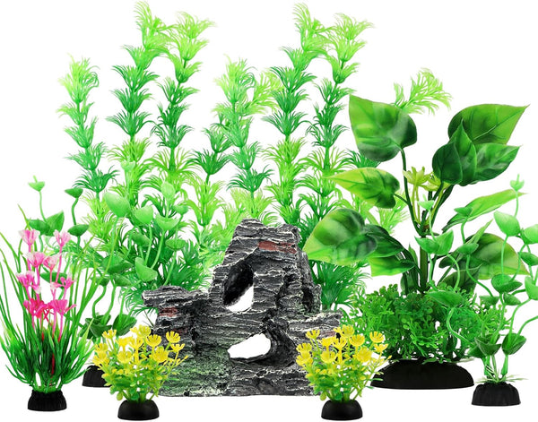Fish Tank Accessories - 9pcs Green Artificial Plants and Cave Rock Decor Set for Aquarium
