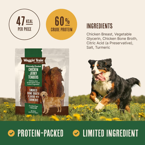 100% 24 oz. Waggin' Train Smoked Chicken Jerky Tenders for Dogs with Turmeric and Human Grade Bone Broth, Grain