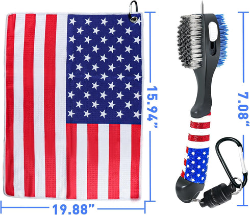 Golf Club Brush and American Flag Golf Towels - Cleaning Kit with Strong Magnet for Golf Clubs or Bag