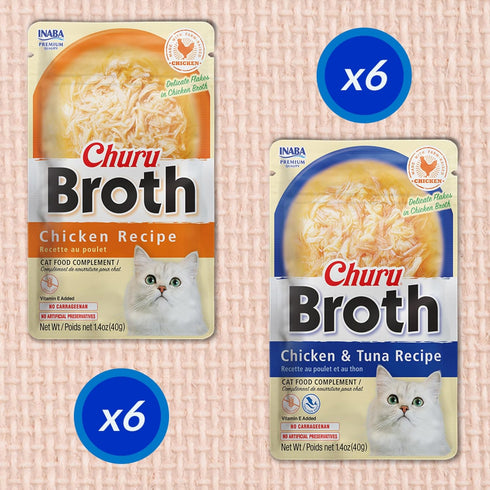 INABA Churu Broth for Cats, Creamy Shredded Chicken Side Dish Pouch, 1.4 Ounces, 12 Pouches, Chicken & Tuna