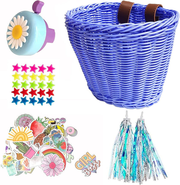 Girls Bike Accessories Kit, Hand Woven Bicycle Basket, Child Bike Wheel Spoke Beads, Bike Streamers, Horn Bell, Stickers
