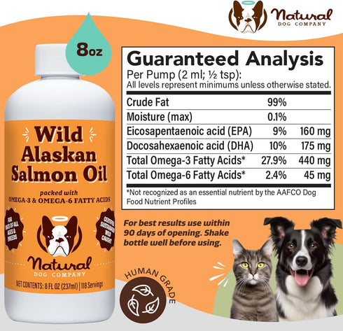 Natural Dog Company Pure Wild Alaskan Salmon Oil - 8oz Skin & Coat Supplement for Dogs, Omega 3 Fish Oil