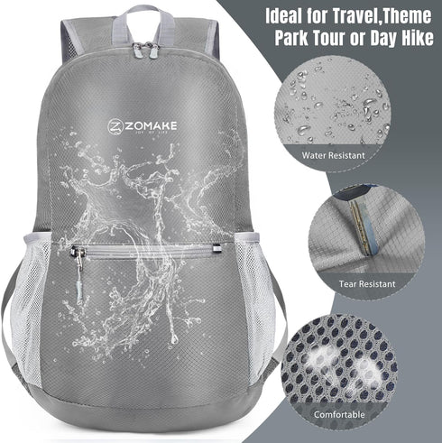 ZOMAKE Ultra Lightweight Hiking Backpack 20L - Packable Small Water Resistant Daypack for Women Men (Silver Gray)