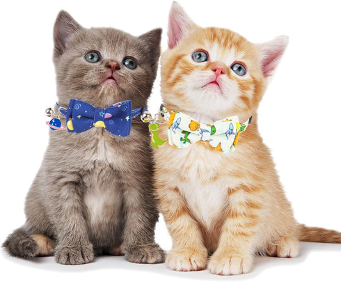 ADOGGYGO Cat Collar Breakaway, 2 Pack Kitten Collar with Removable Bowtie, Universe Dinosaur Design
