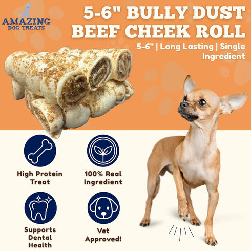 5-6" 4 Count) Amazing Dog Treats - Beef Cheek Rolls Mega Thick (Bully Dust Flavor, - - Safe Rawhide Alternative Dog