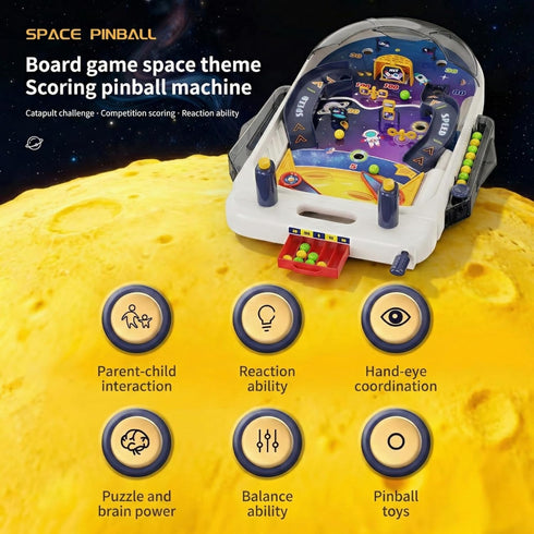 1-2 3+ Tabletop Pinball Machine Space Board Game with Obstacles, Pull-Rod Launcher, Two-Hand Controls, Ball Storage