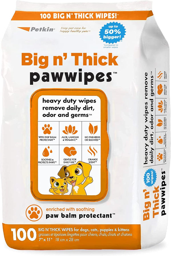 Petkin Big N' Thick Paw Wipes for Dogs, 100 Large Wipes for Cleaning Dirty Paws After Walks, Orange Scent