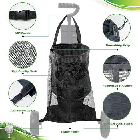 Golf Push Cart Accessories, Mesh Storage Bag, 3 Wheel Push-Pull Cart Backside Extension Organizer