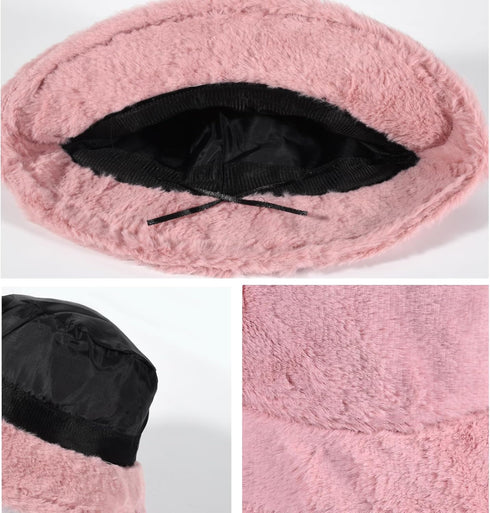 Winter Soft Faux Fur Plush Bucket Hat, Lovely Fisherman Cap for Women