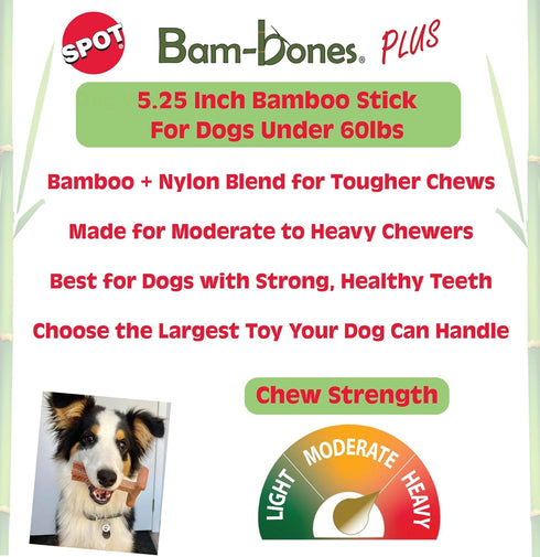 SPOT 60lbs, 5.25in, Bam-Bones Plus Bamboo Stick Bamboo Fiber & Nylon, Durable Long Lasting Dog Chew for Aggressive