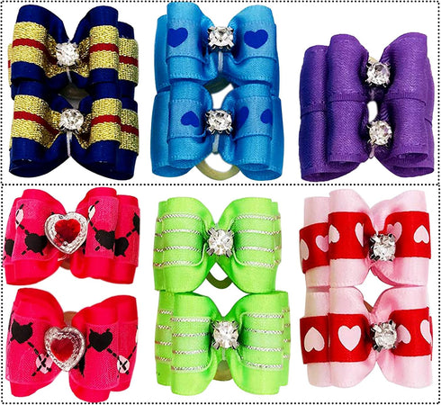 50pcs / 25Pair Small Dog Hair Bows with Rubber Bands and Rhinestones, Random Color Puppy Grooming Accessories