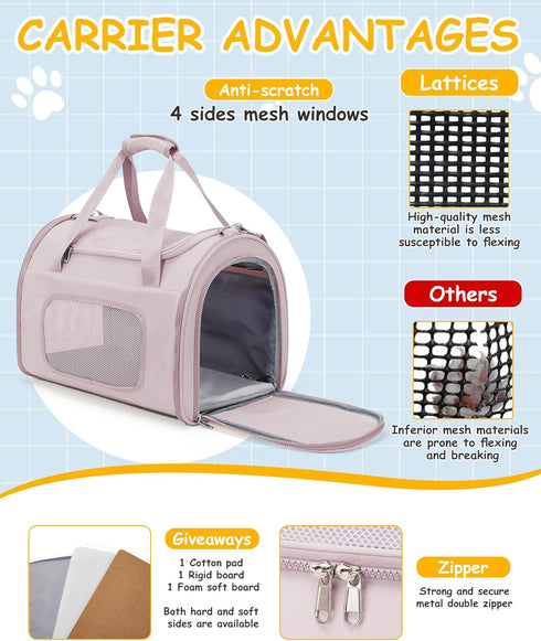 Soft Pet Carrier for Cats and Dogs, Airline Approved Travel Carrier for Pets Up to 20lbs, Collapsible Design (Pink)