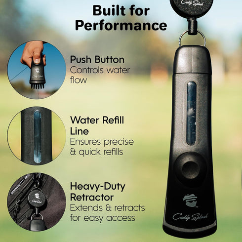 4 Oz- Caddy Splash Golf Club Brush Pro with Water- Heavy Duty Retractable Clip- Push Button for Easy Cleaning- Nylon