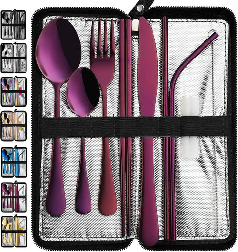 VANDBAO Portable Travel Utensils - 9 Pieces Reusable Silverware Set with Case for Camping and Picnics