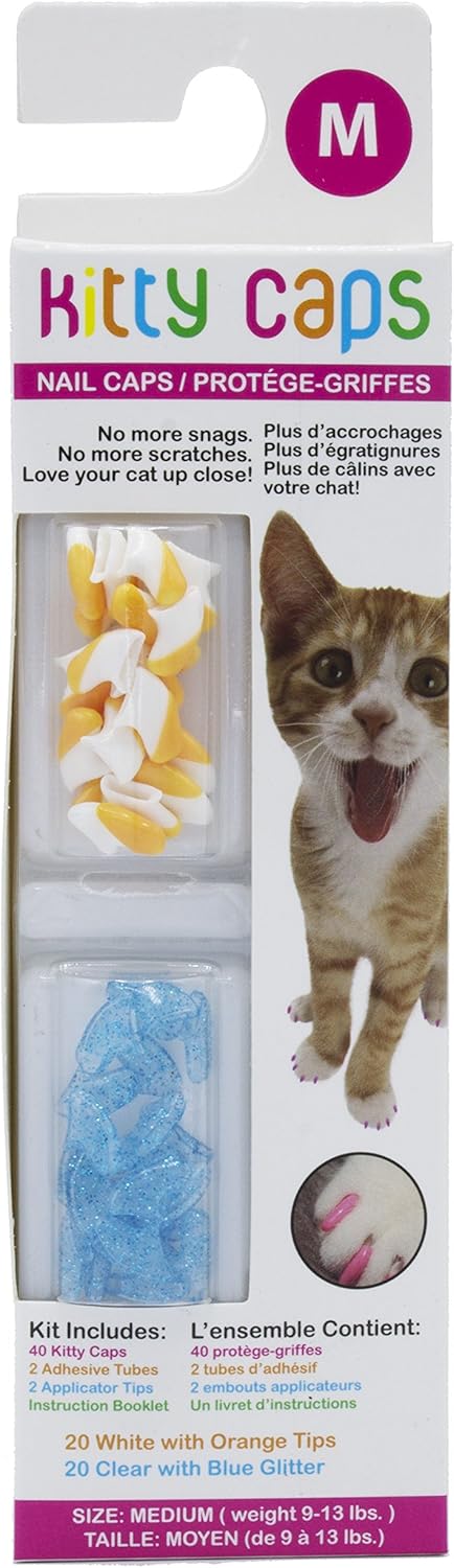 Kitty Caps Nail Caps for Cats, White with Orange & Clear with Blue Glitter, Medium (9-13 lbs), 40 Count